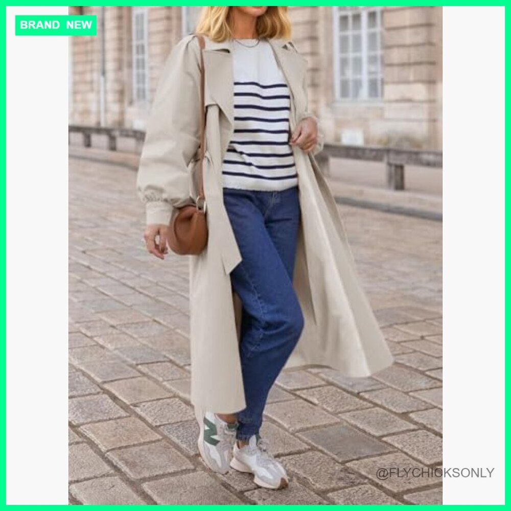 Long Trench Coat Oversized Double Breasted Lapel Polyester Blend Outerwear - Picture 2 of 7